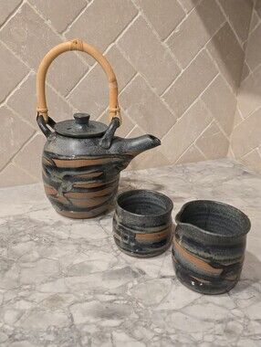 Vintage Japanese Studio Art Pottery Teapot w/ Sugar and Creamer Signed Pot Mug